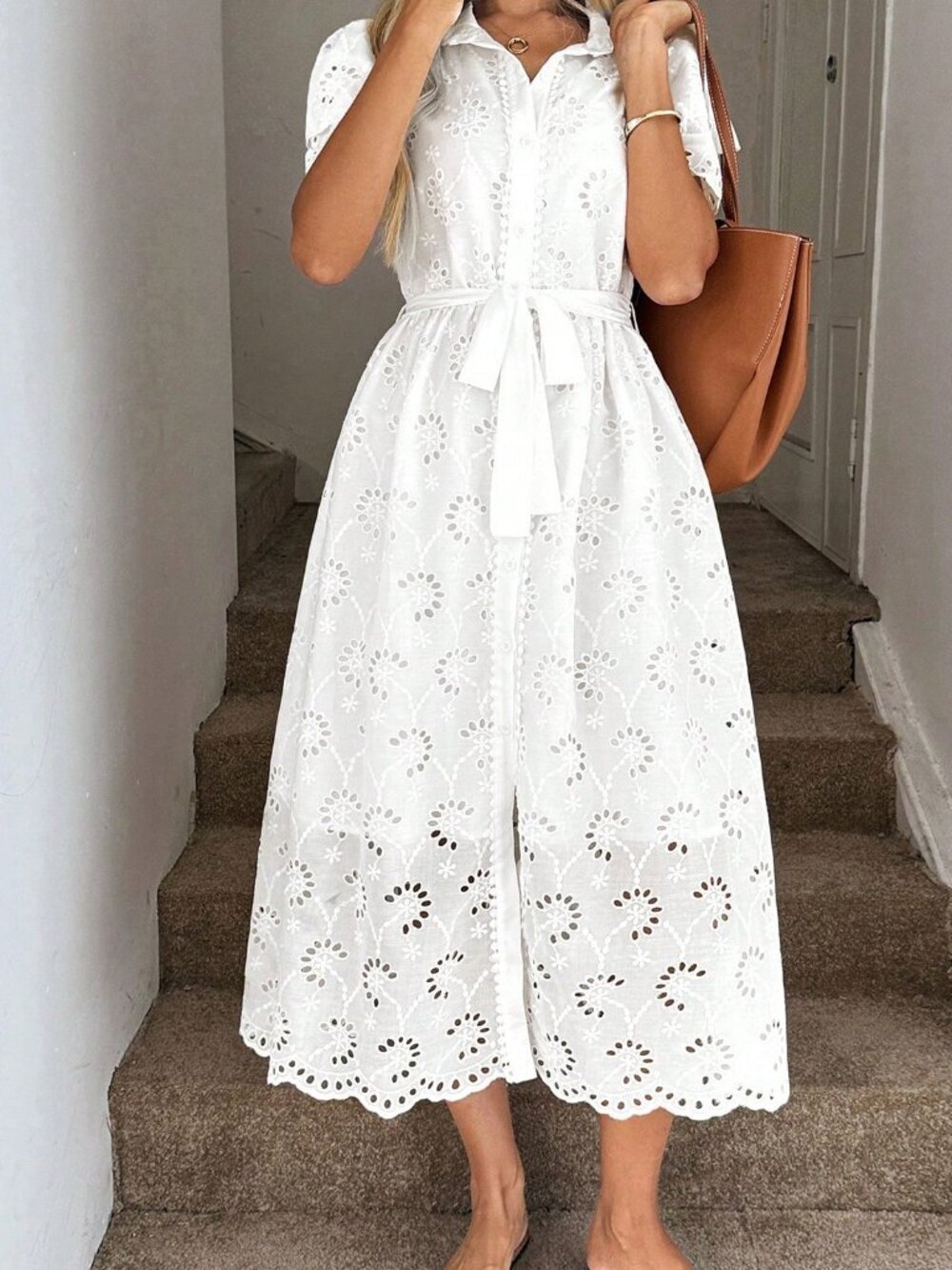 White Boho Women's Casual Embroidered Collar Dress - Picture 3 of 8